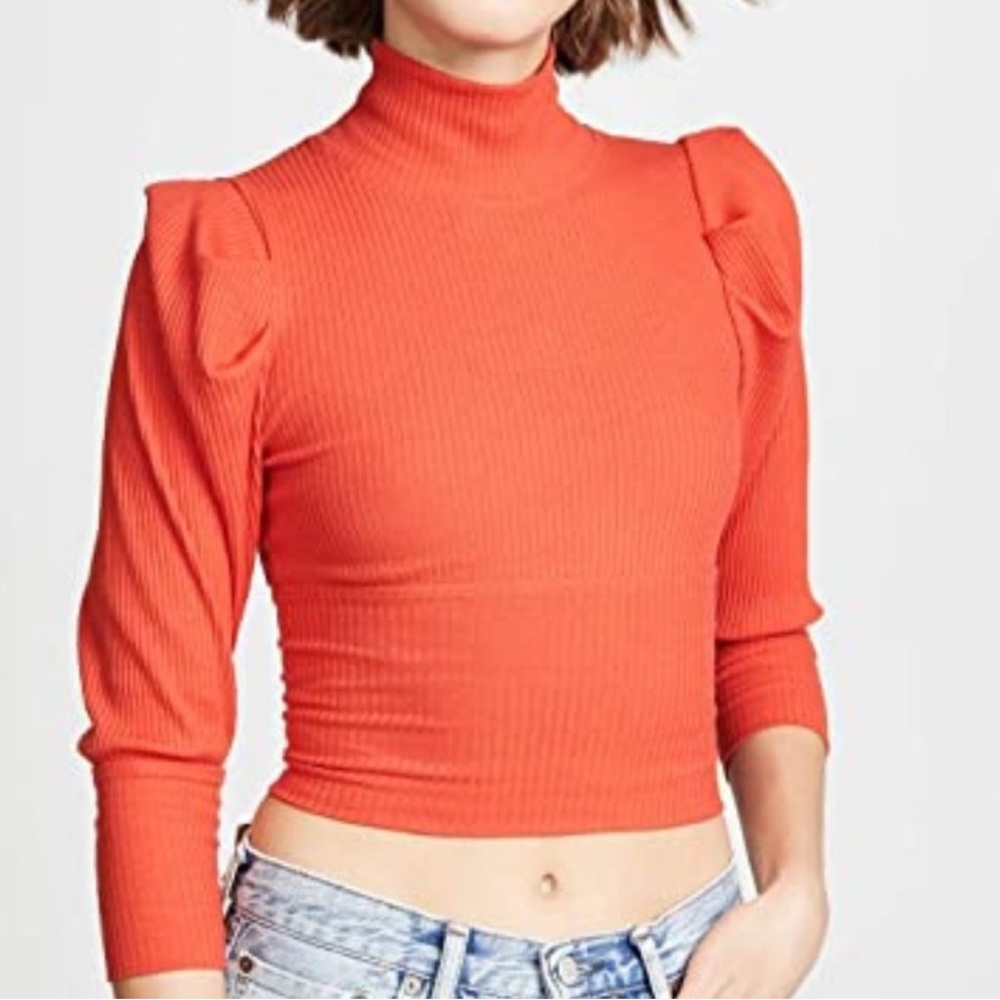 Free People Puff Shoulder Red Orange Mock Neck Top